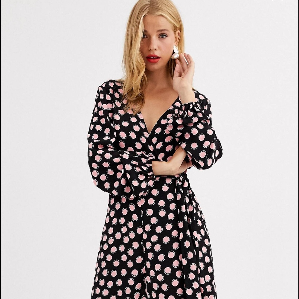 ASOS Design Wrap Tie/Pink Polka Dots Jumpsuit - 14